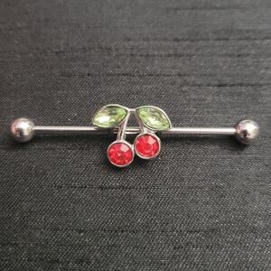 14 Gauge Stainless Steel Industrial Ear Piercing With Crystal Cherry Charm